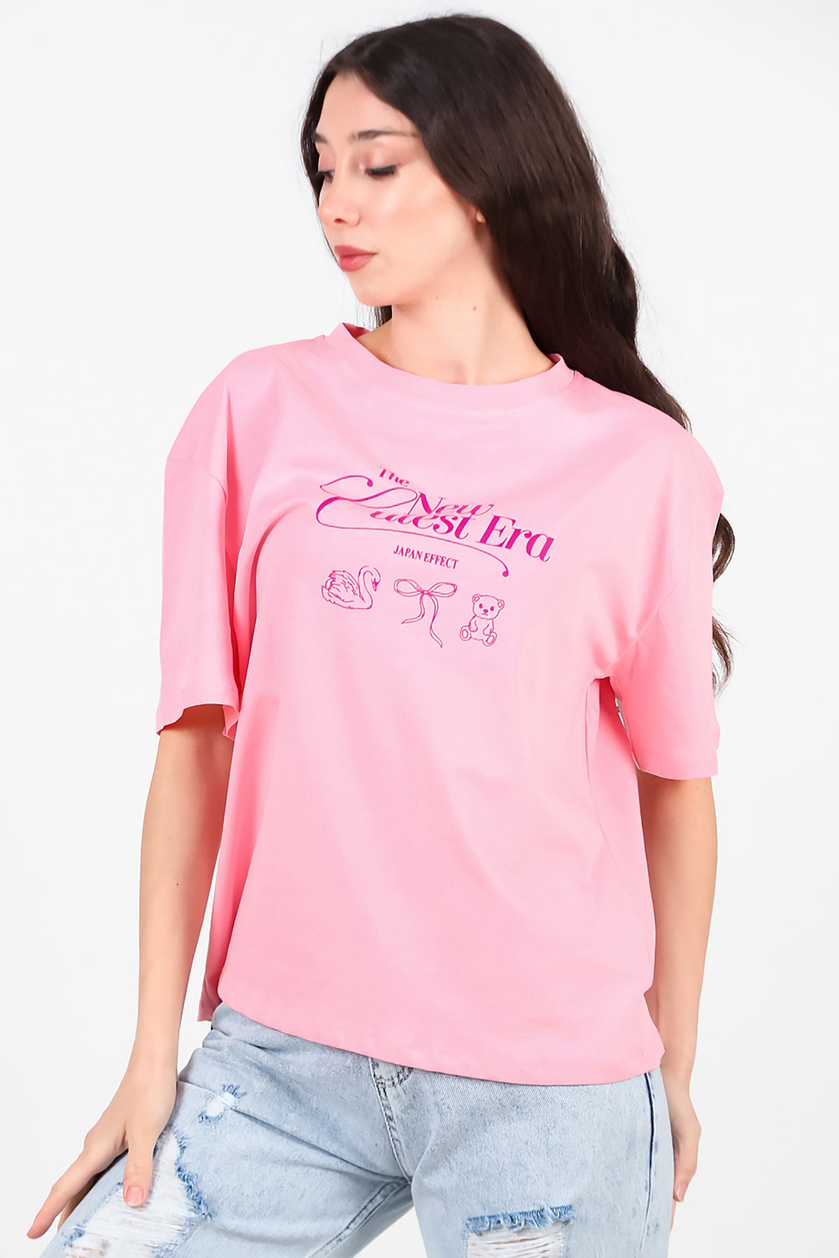 Kadın Ön-arka Baskılı T-Shirt Pembe