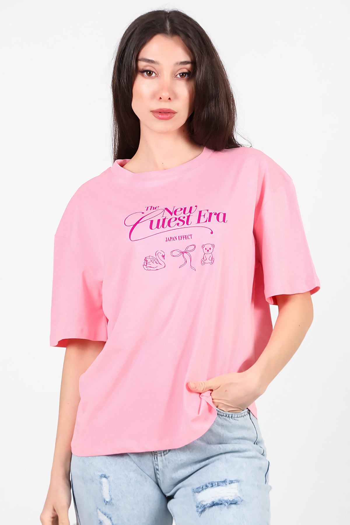 Kadın Ön-arka Baskılı T-Shirt Pembe