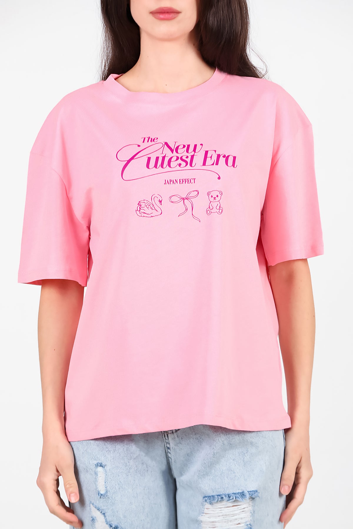 Kadın Ön-arka Baskılı T-Shirt Pembe