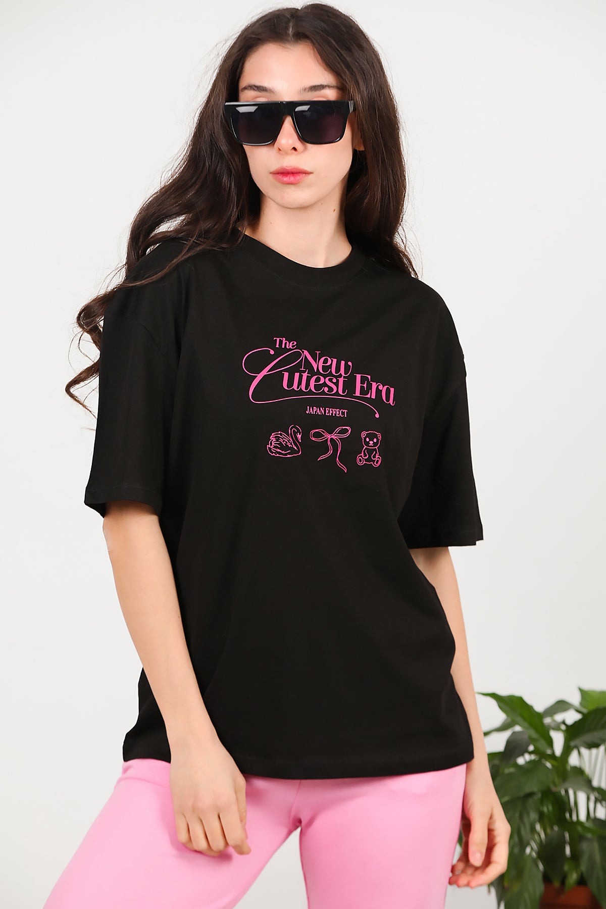 Kadın Ön-arka Baskılı T-Shirt Siyah