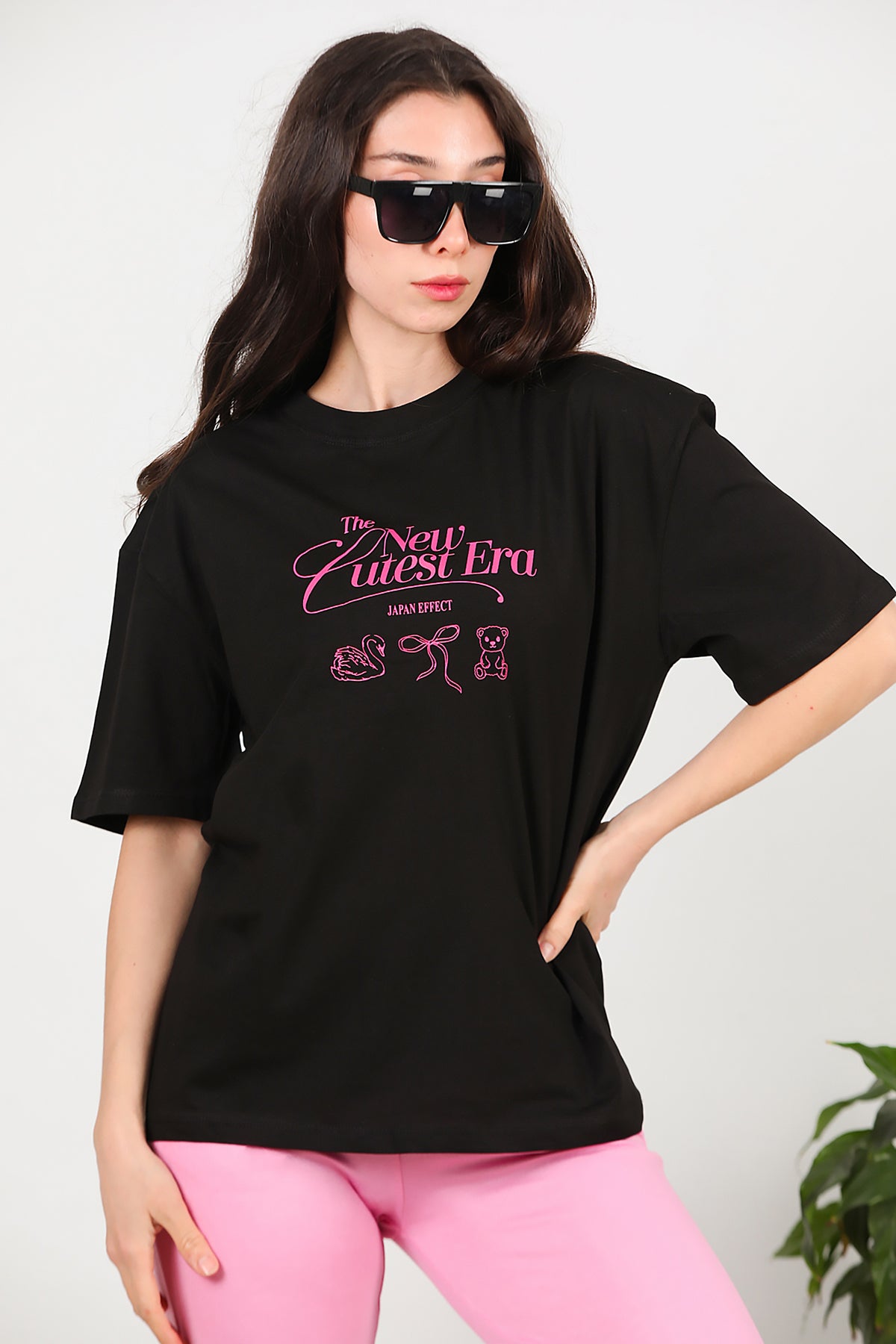 Kadın Ön-arka Baskılı T-Shirt Siyah