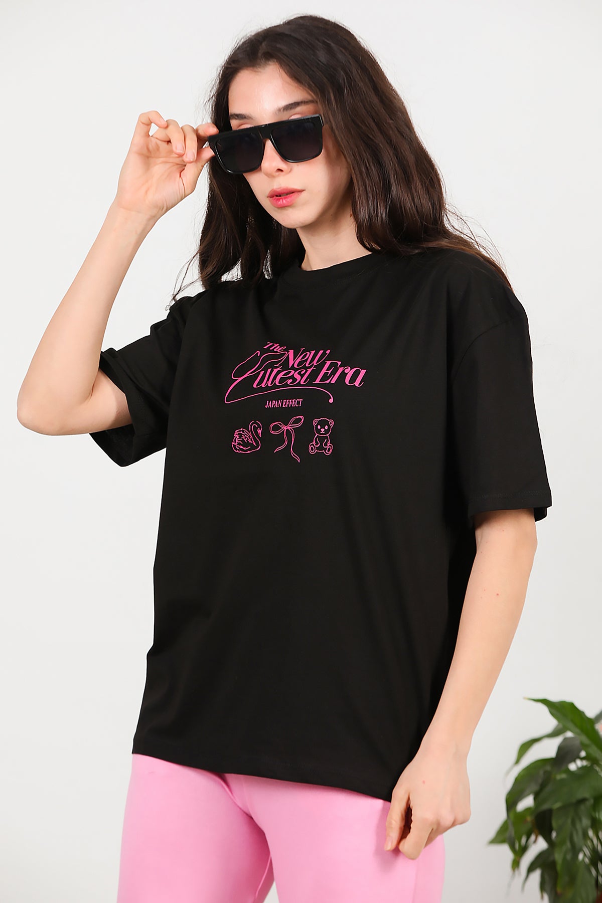 Kadın Ön-arka Baskılı T-Shirt Siyah