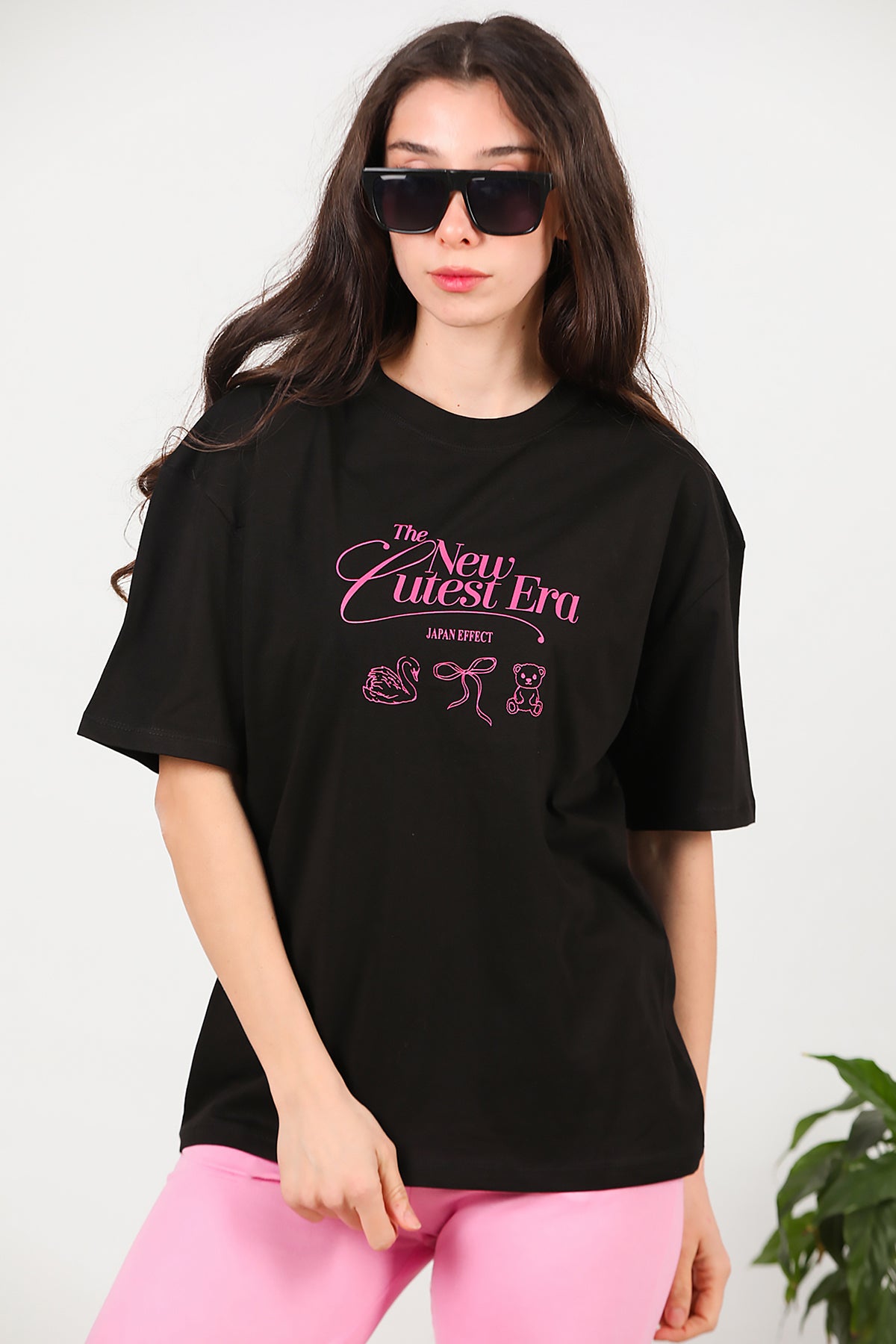 Kadın Ön-arka Baskılı T-Shirt Siyah