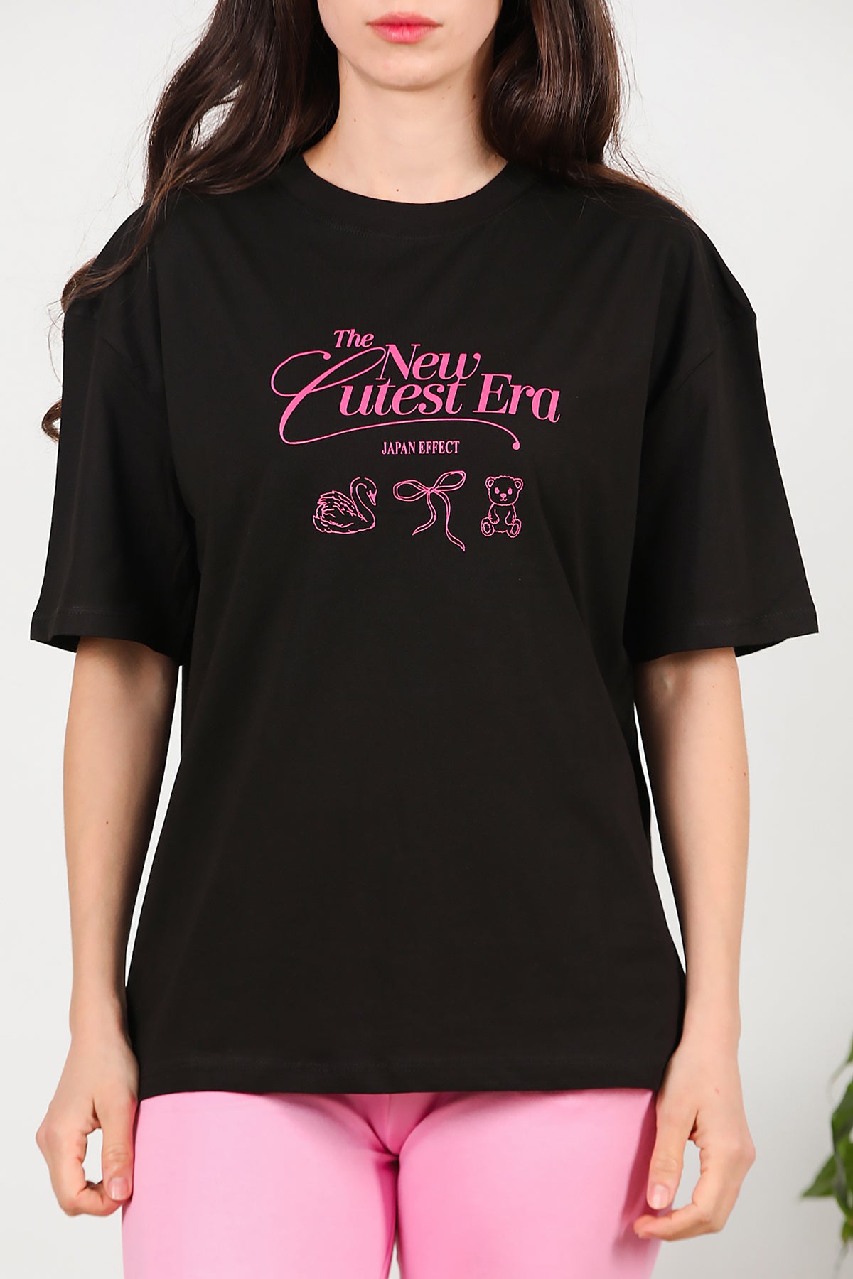 Kadın Ön-arka Baskılı T-Shirt Siyah