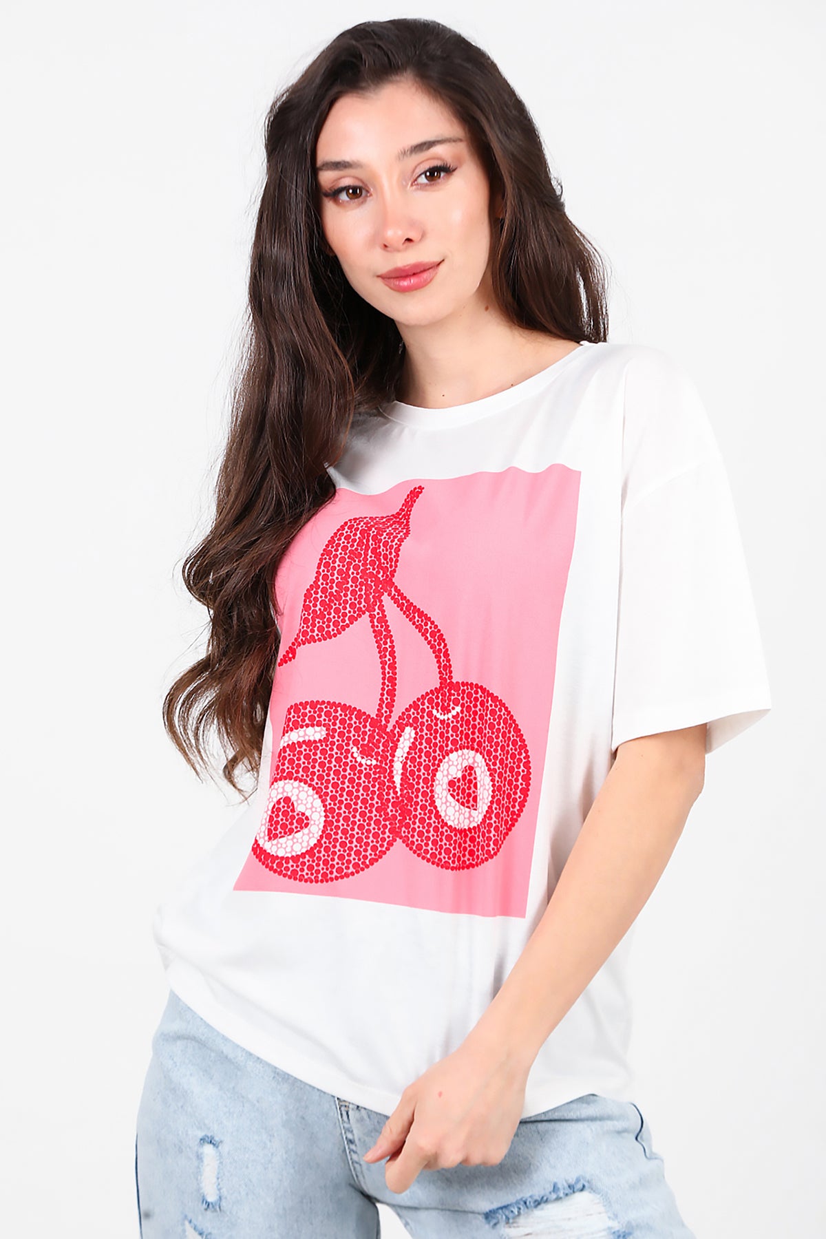 Kadın Baskılı Bisiklet Yaka T-shirt Ekru