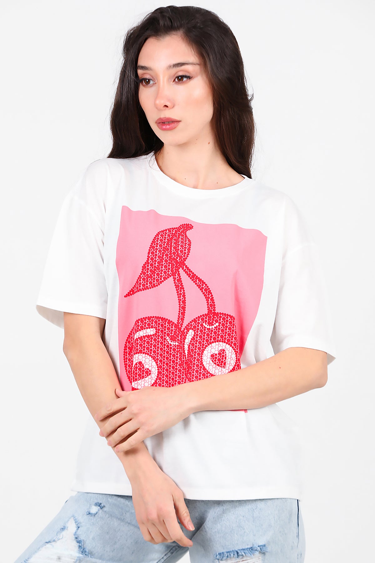Kadın Baskılı Bisiklet Yaka T-shirt Ekru
