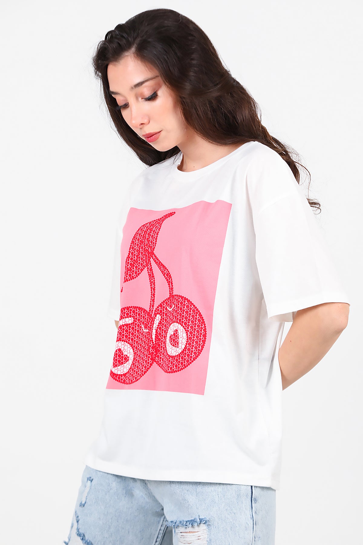 Kadın Baskılı Bisiklet Yaka T-shirt Ekru