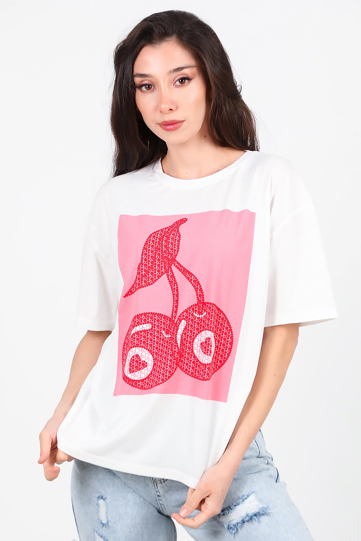 Kadın Baskılı Bisiklet Yaka T-shirt Ekru