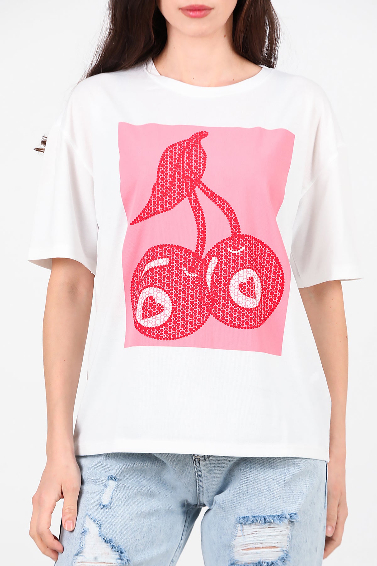 Kadın Baskılı Bisiklet Yaka T-shirt Ekru
