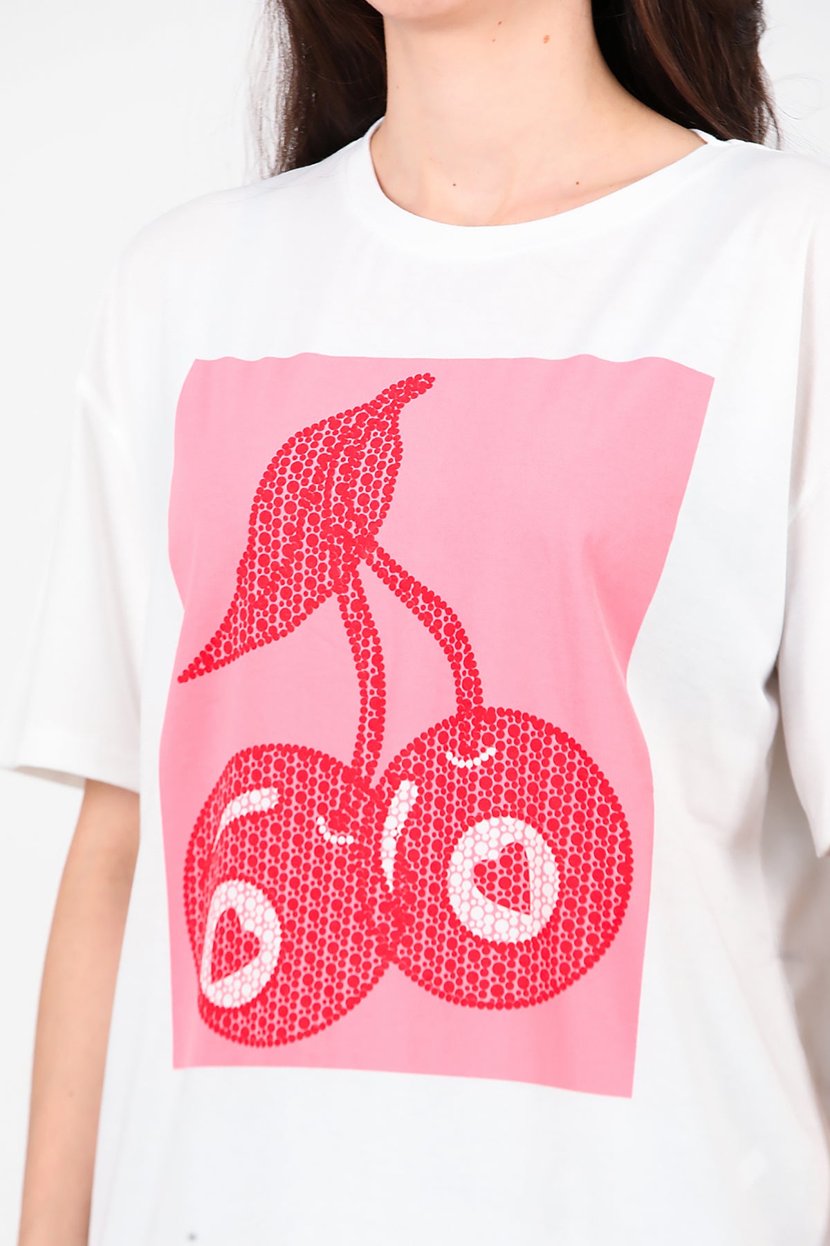 Kadın Baskılı Bisiklet Yaka T-shirt Ekru