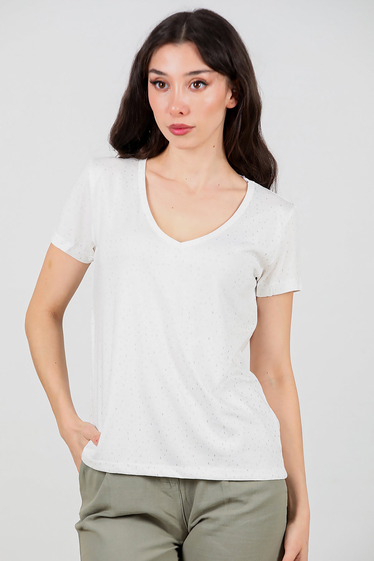 Kadın Simli V Yaka T-shirt Ekru