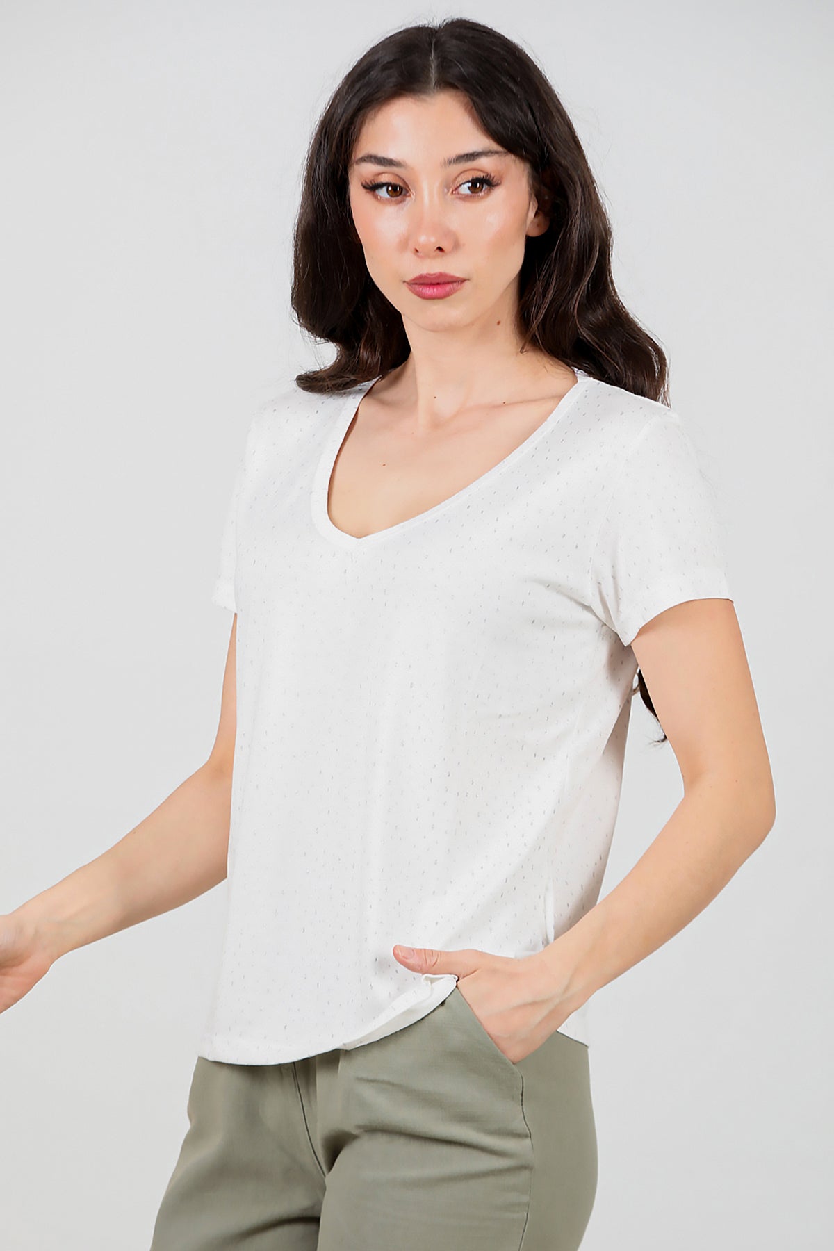 Kadın Simli V Yaka T-shirt Ekru