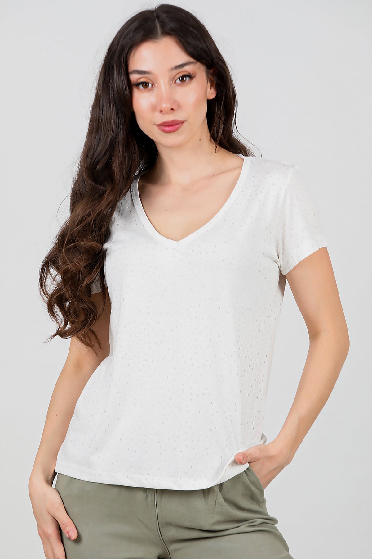 Kadın Simli V Yaka T-shirt Ekru