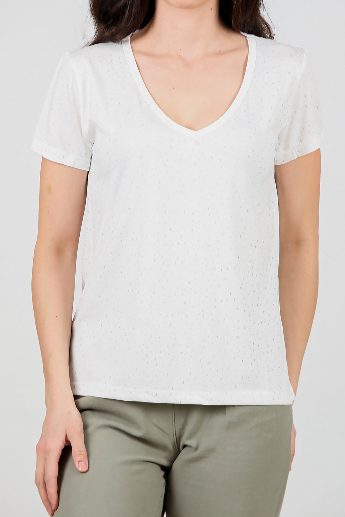Kadın Simli V Yaka T-shirt Ekru
