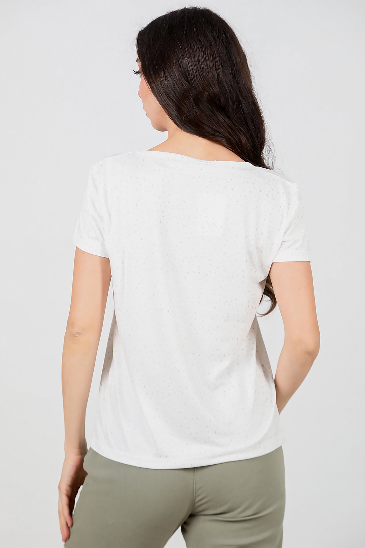 Kadın Simli V Yaka T-shirt Ekru