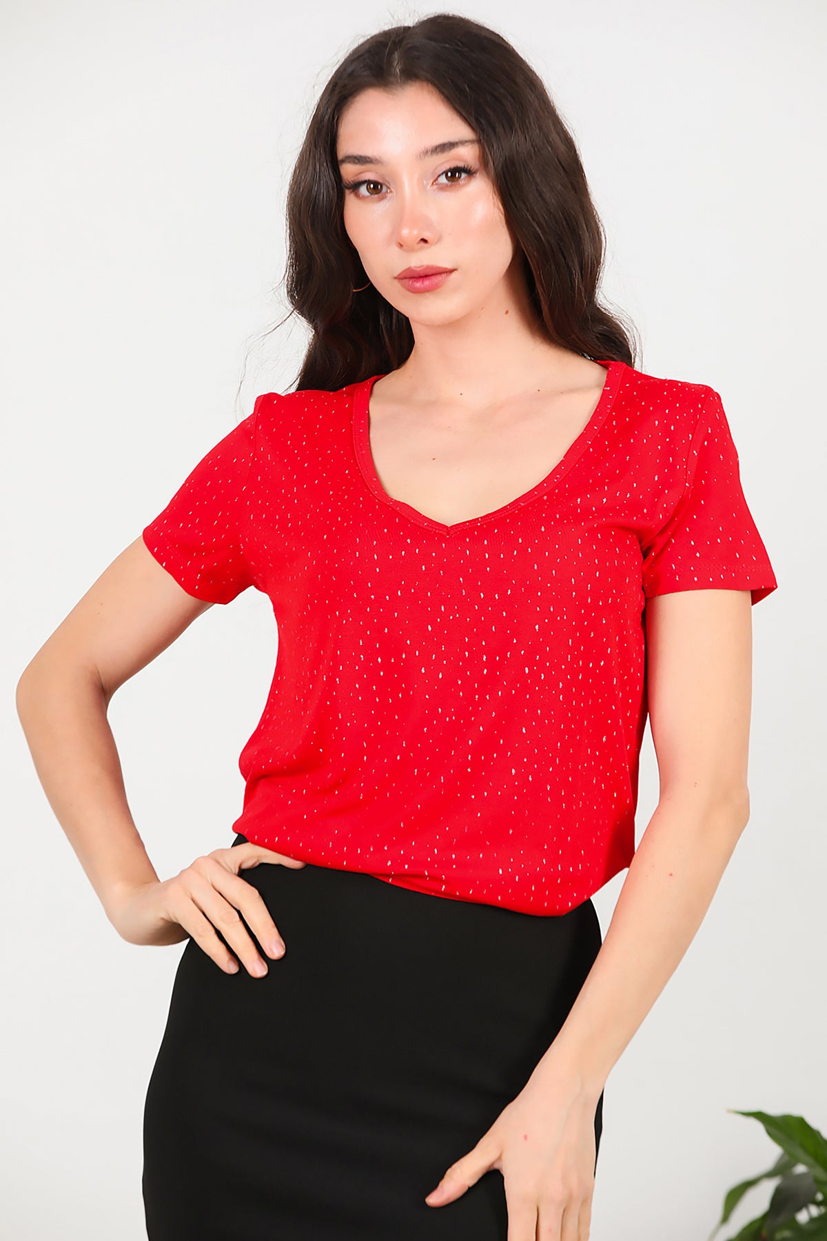 Kadın Simli V Yaka T-shirt Kırmızı