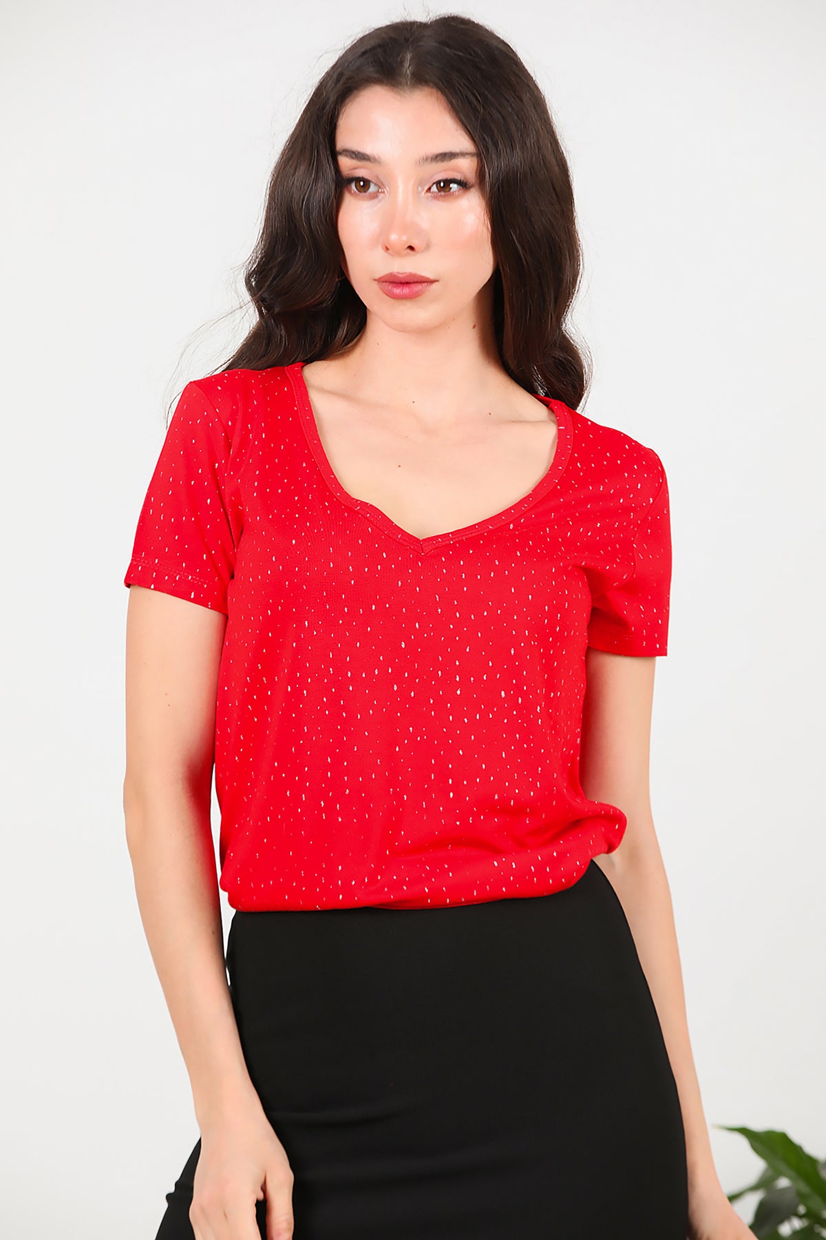 Kadın Simli V Yaka T-shirt Kırmızı