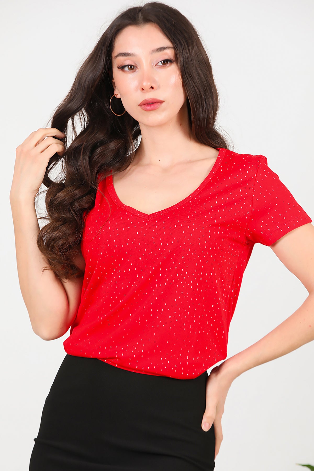 Kadın Simli V Yaka T-shirt Kırmızı