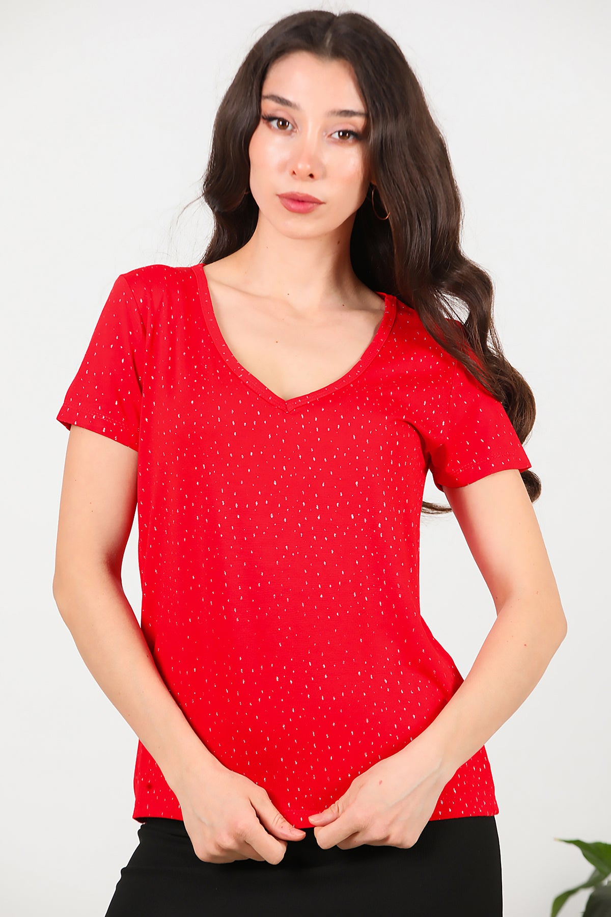 Kadın Simli V Yaka T-shirt Kırmızı