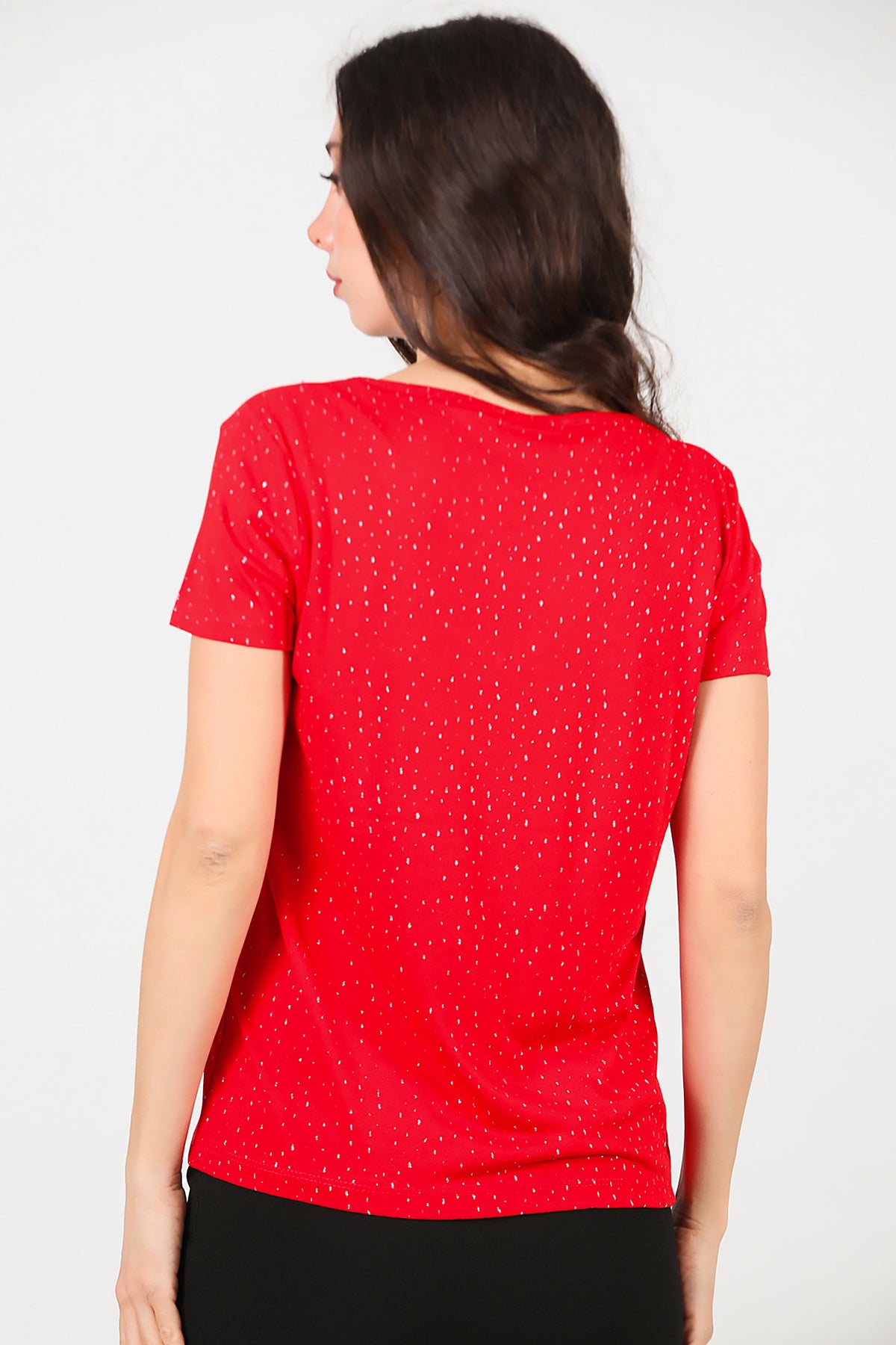 Kadın Simli V Yaka T-shirt Kırmızı