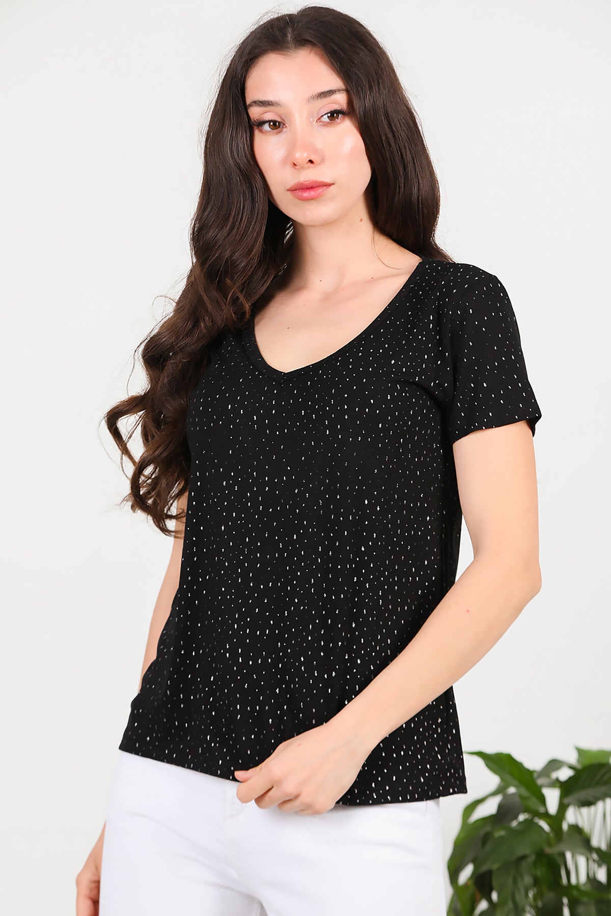 Kadın Simli V Yaka T-shirt Siyah