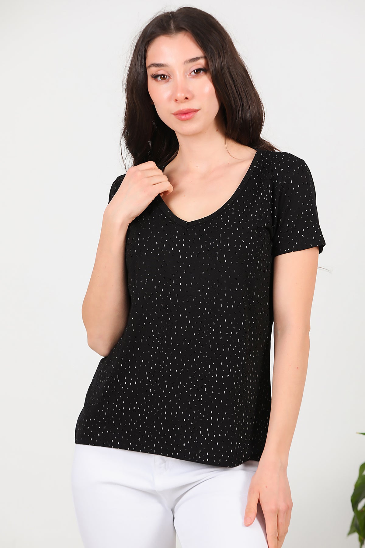 Kadın Simli V Yaka T-shirt Siyah