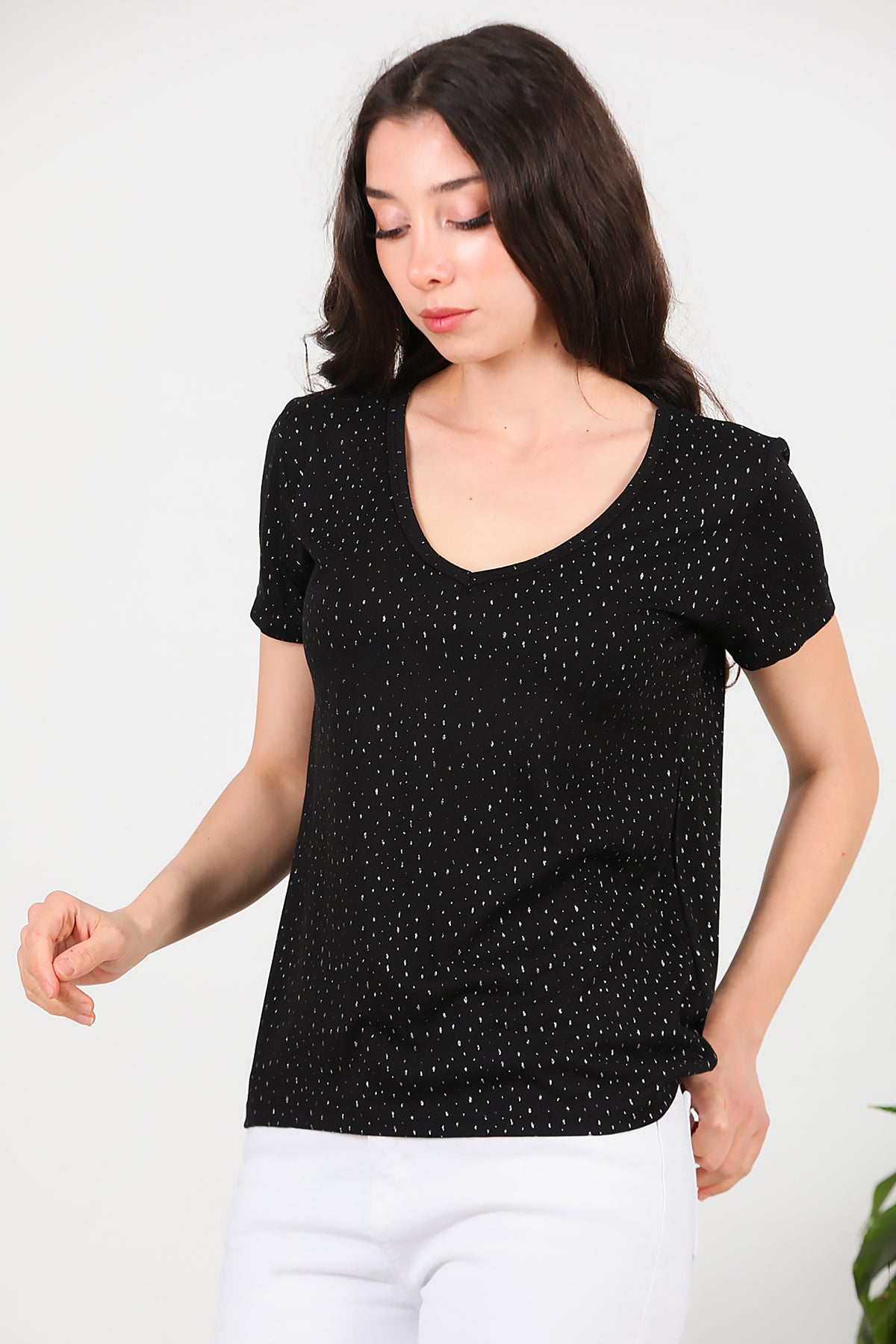 Kadın Simli V Yaka T-shirt Siyah