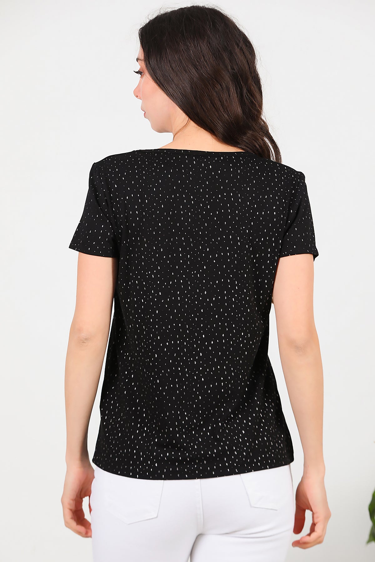 Kadın Simli V Yaka T-shirt Siyah