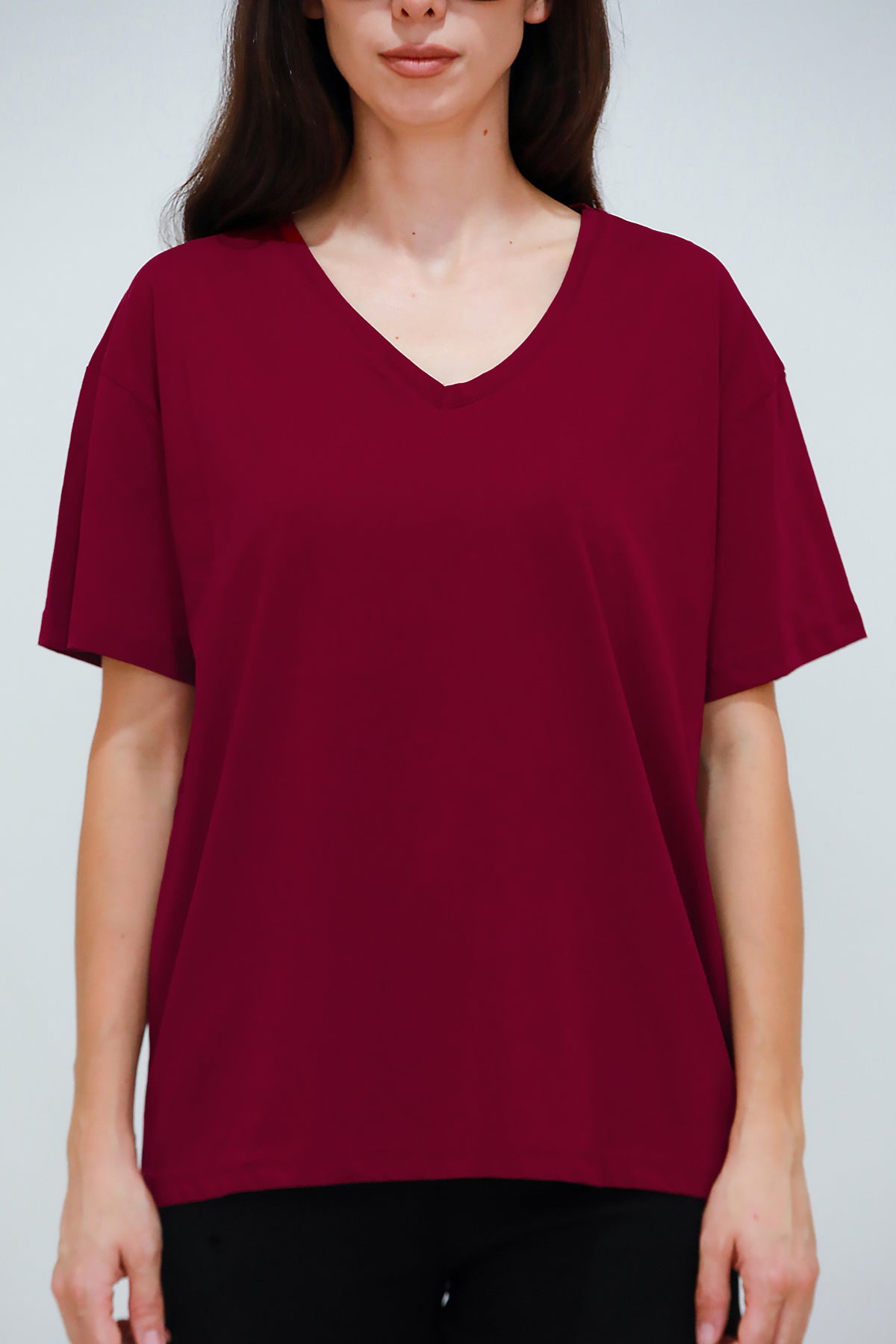 Kadın V Yaka Oversize T-Shirt Bordo