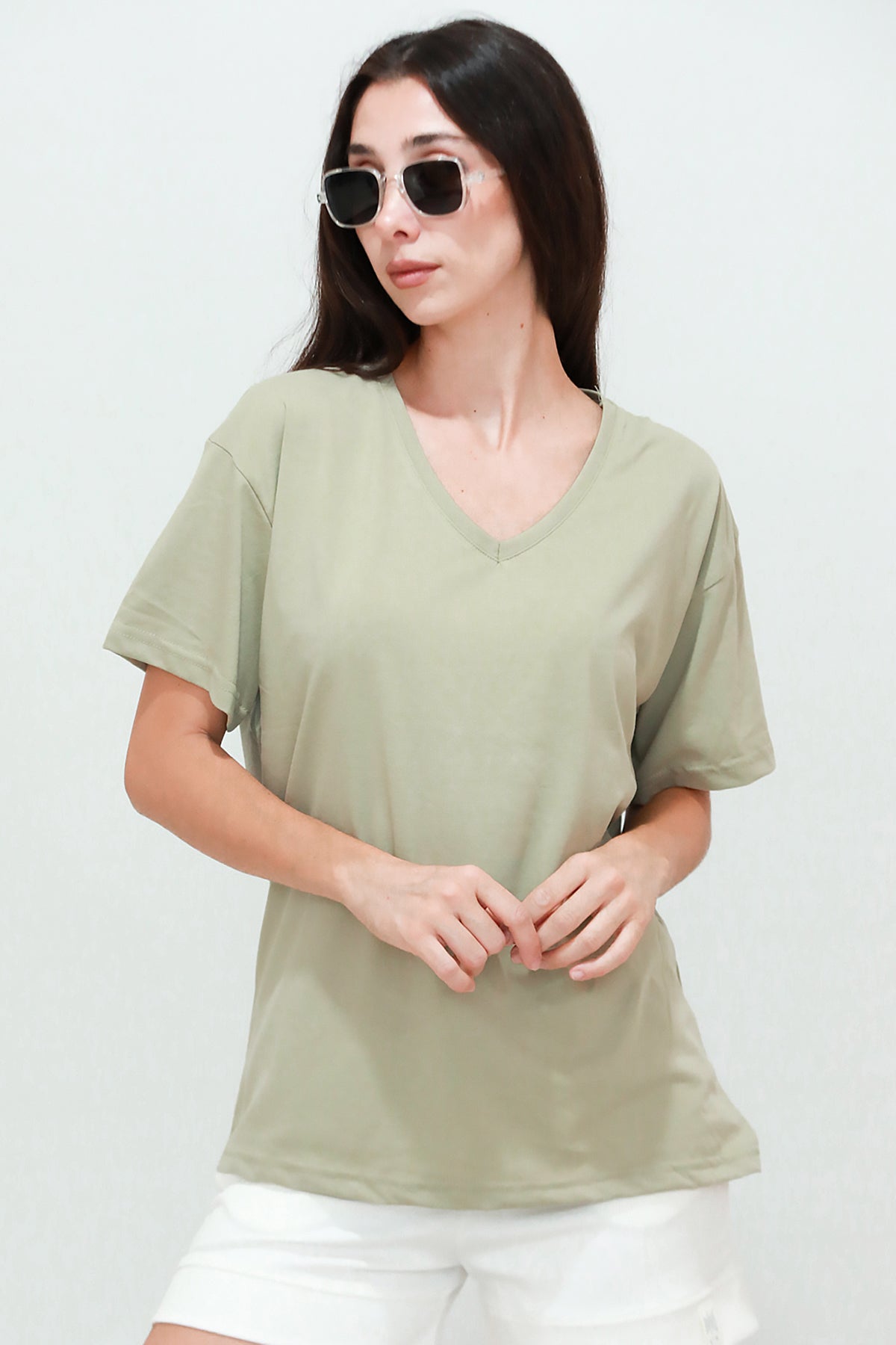 Kadın V Yaka Oversize T-Shirt Haki