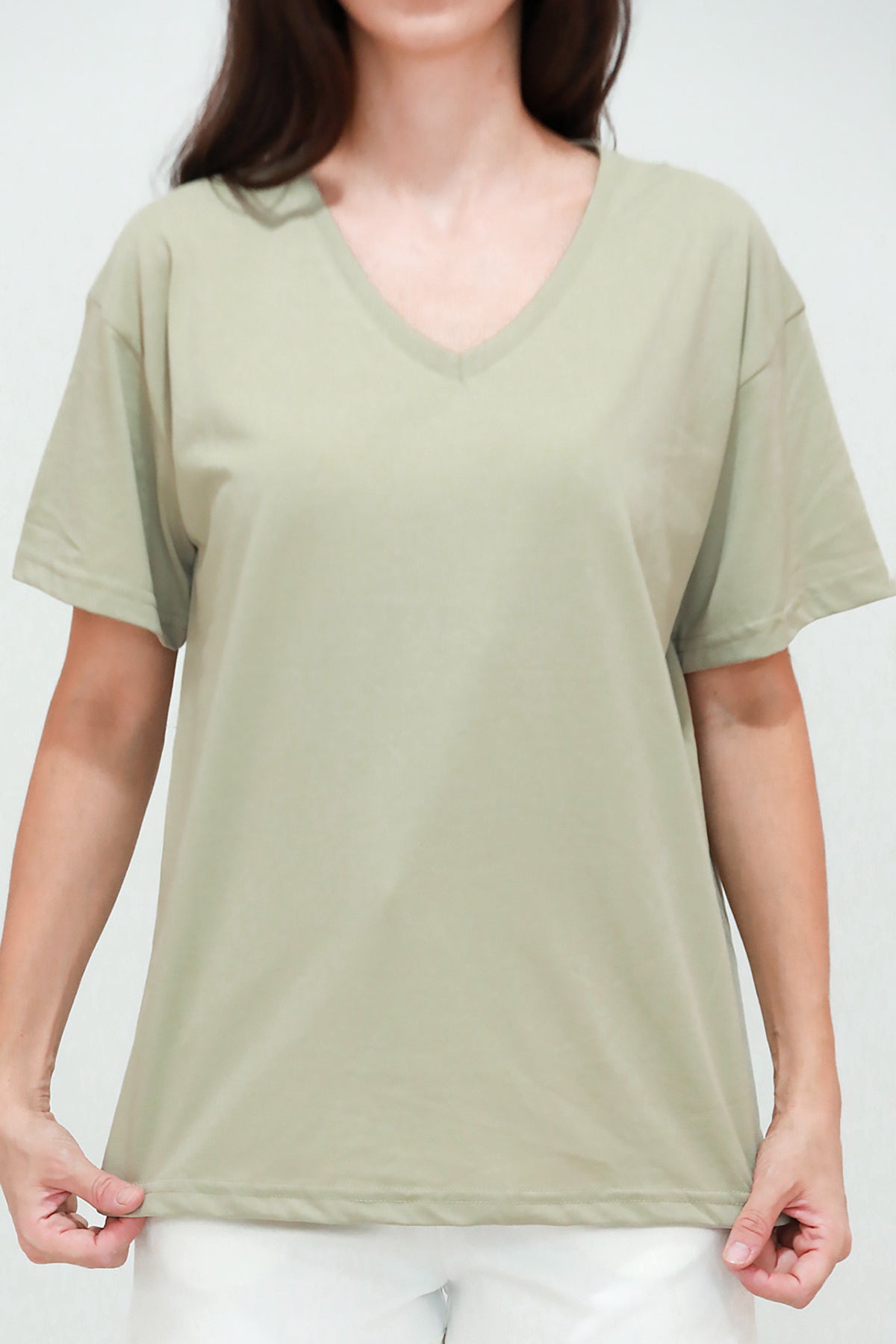 Kadın V Yaka Oversize T-Shirt Haki