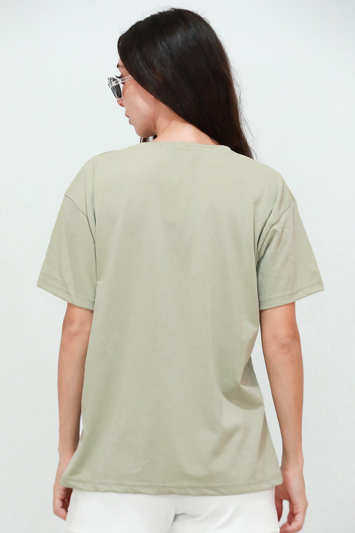 Kadın V Yaka Oversize T-Shirt Haki
