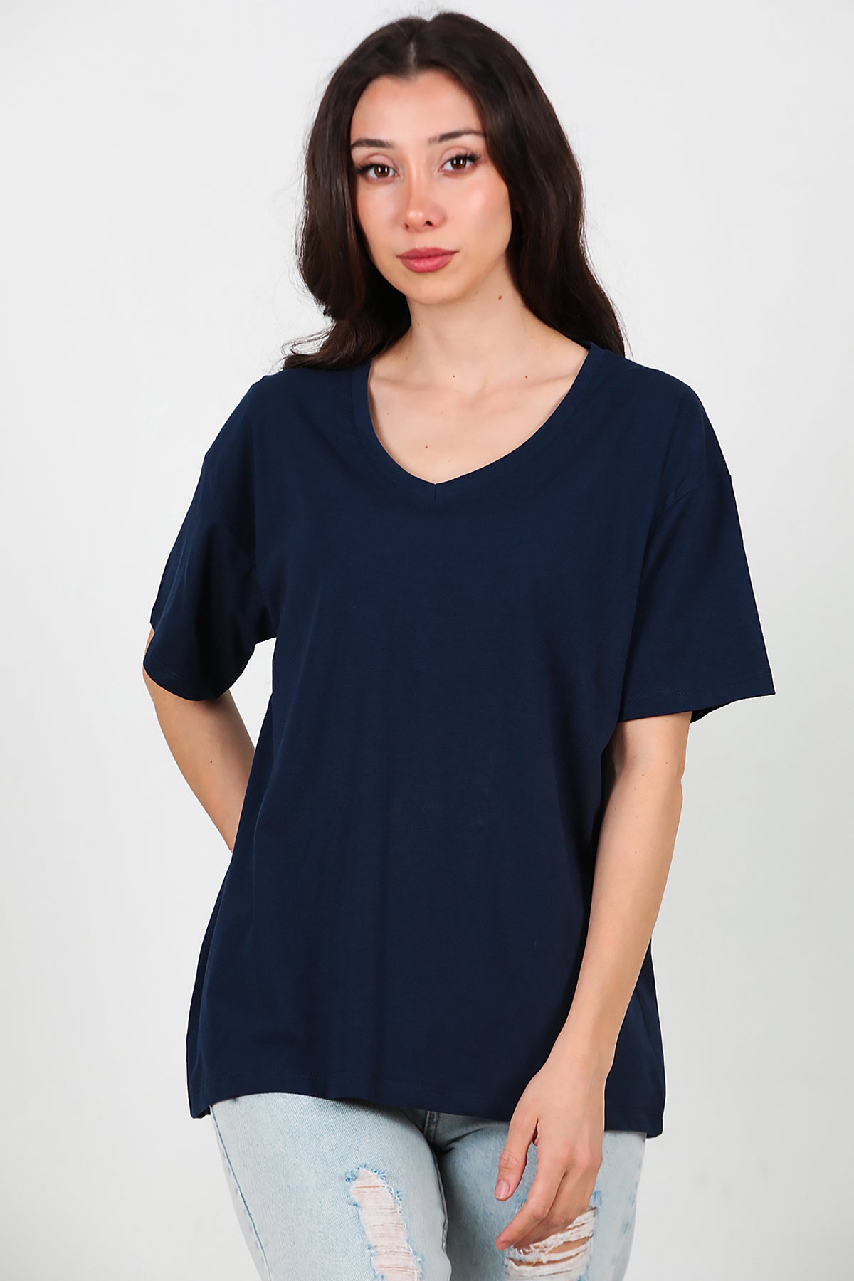 Kadın V Yaka Oversize T-Shirt Lacivert