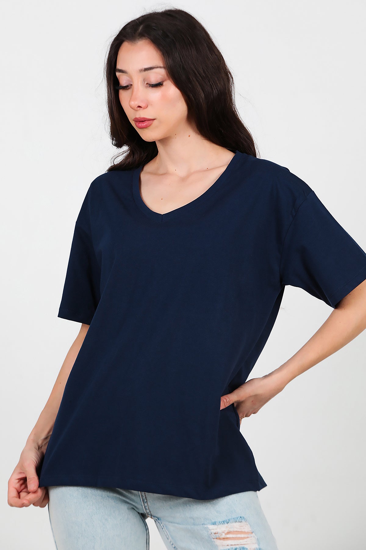 Kadın V Yaka Oversize T-Shirt Lacivert