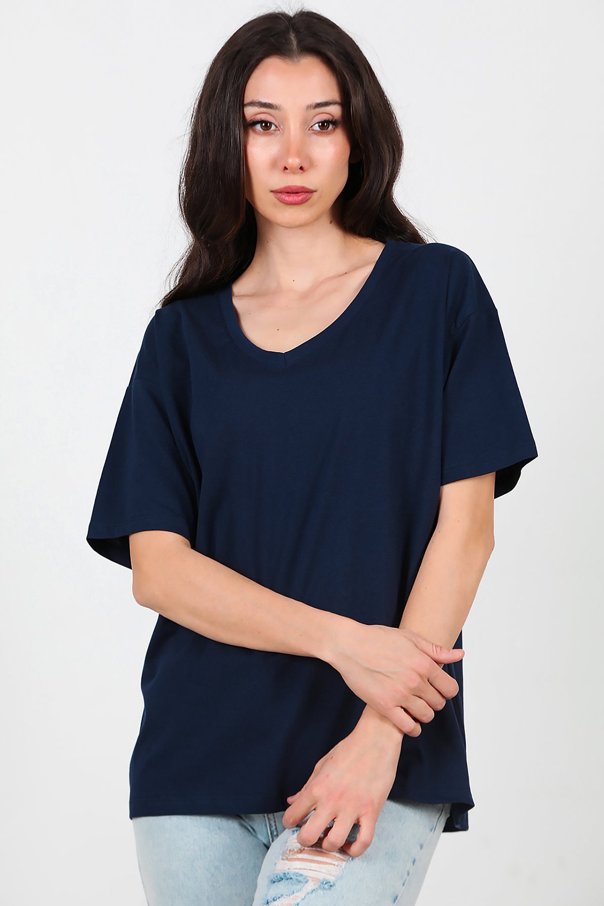 Kadın V Yaka Oversize T-Shirt Lacivert