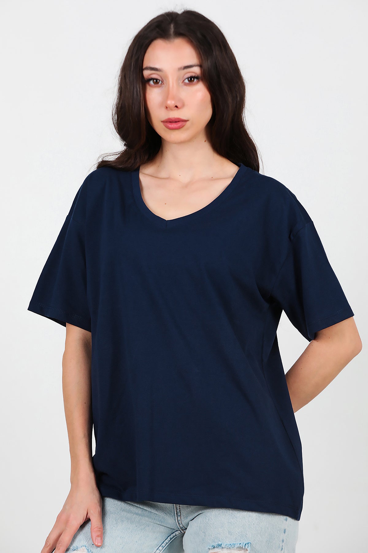 Kadın V Yaka Oversize T-Shirt Lacivert
