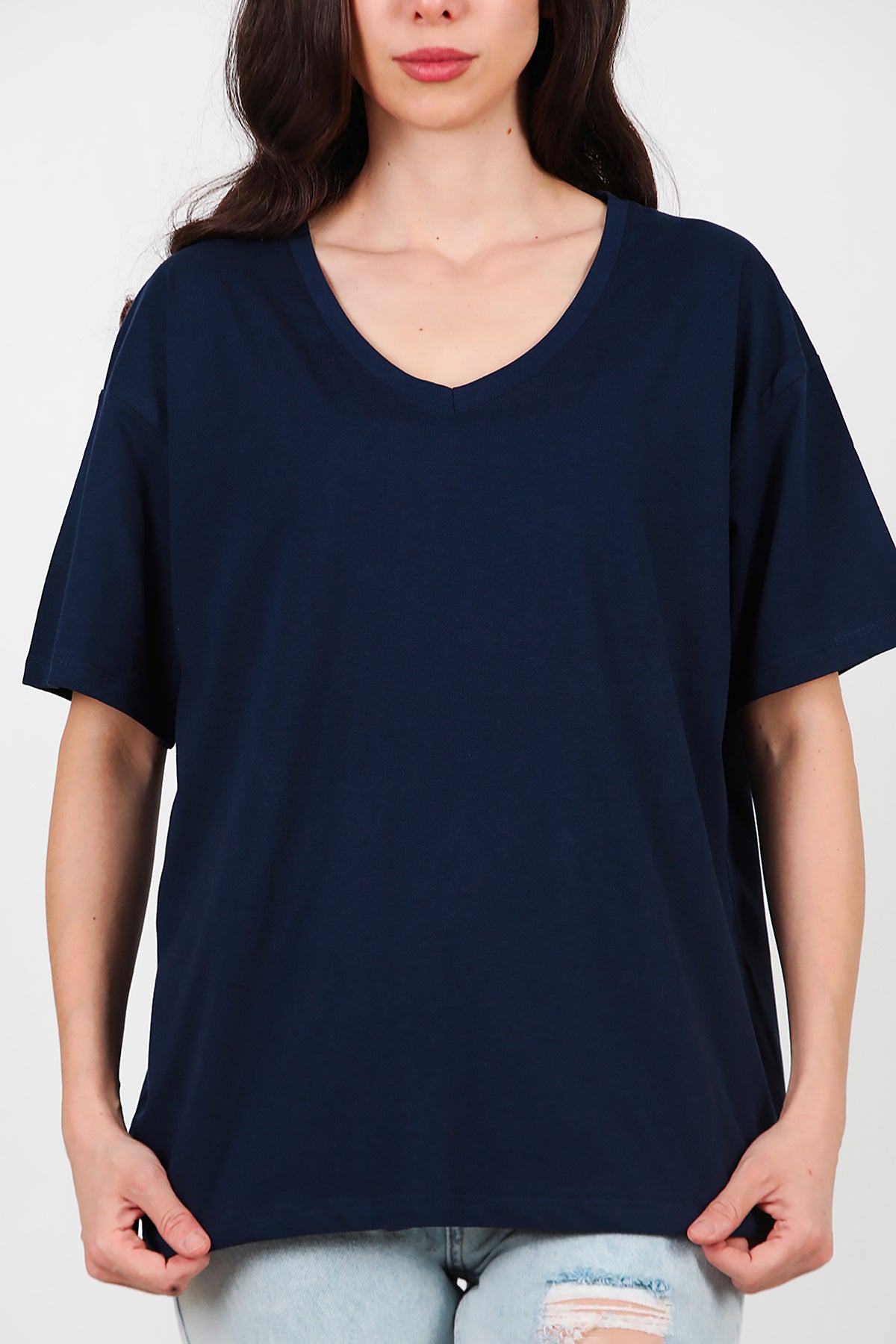 Kadın V Yaka Oversize T-Shirt Lacivert