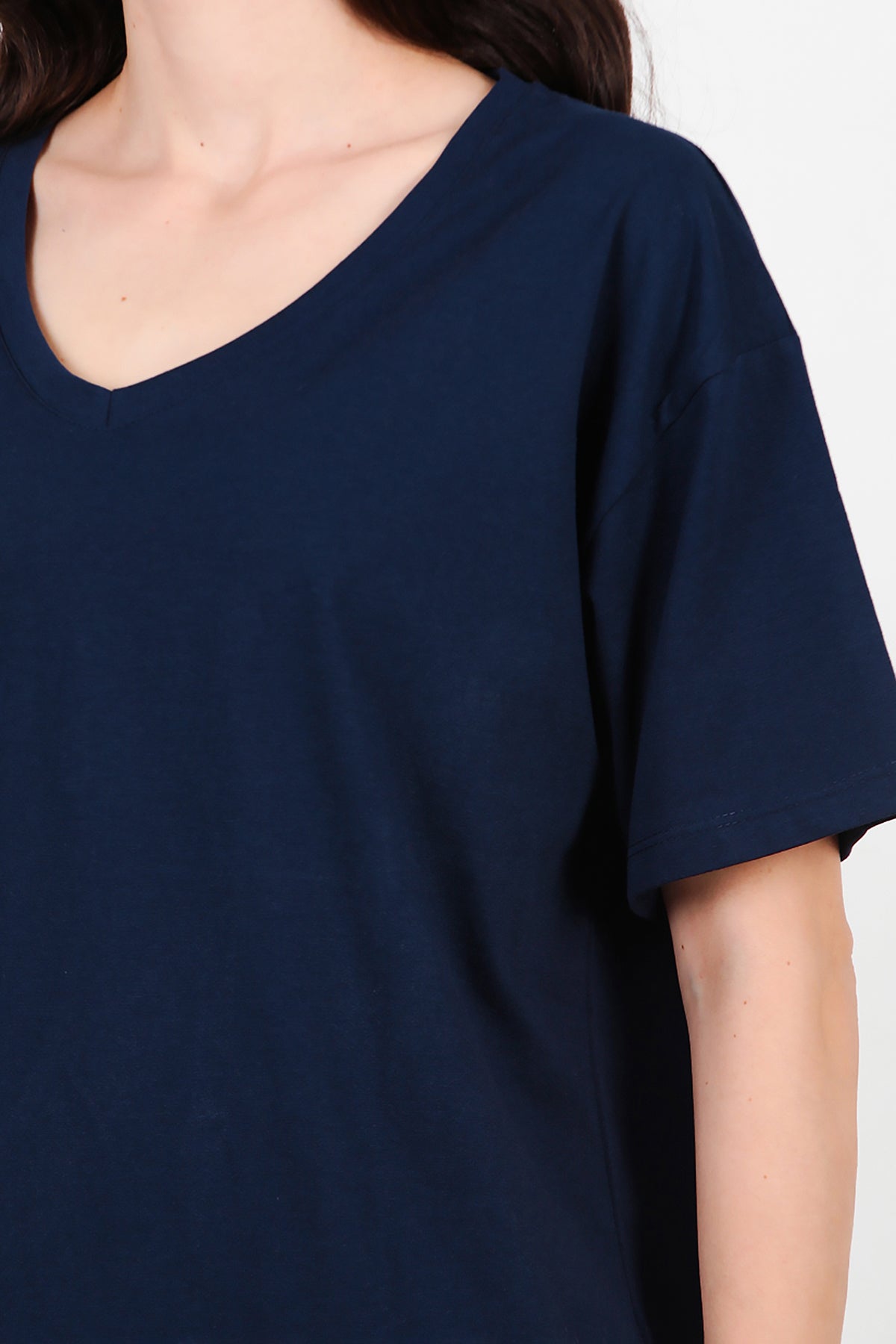 Kadın V Yaka Oversize T-Shirt Lacivert