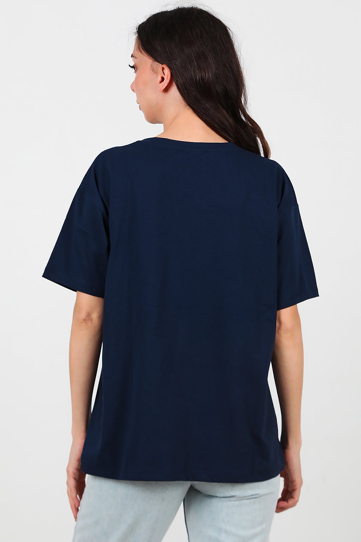 Kadın V Yaka Oversize T-Shirt Lacivert