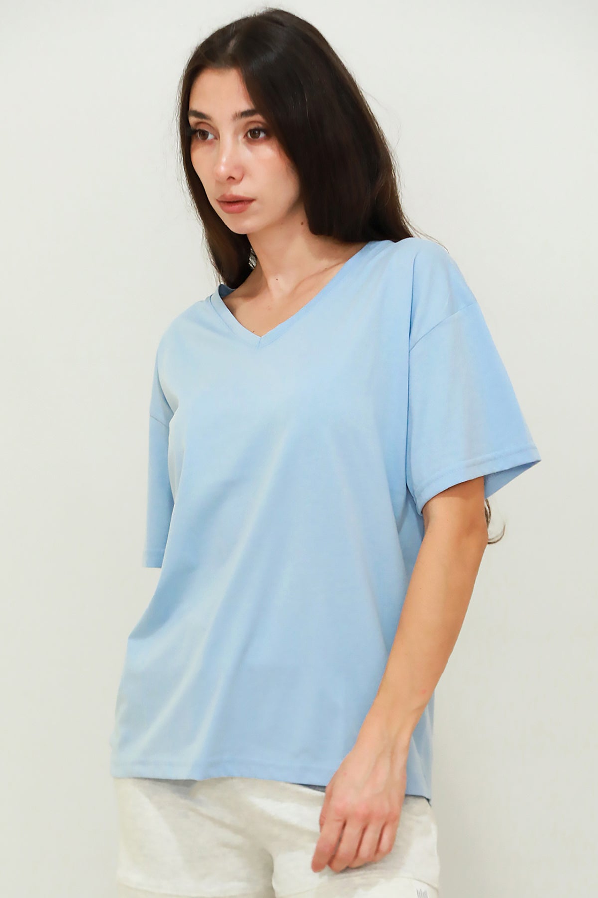 Kadın V Yaka Oversize T-Shirt Mavi