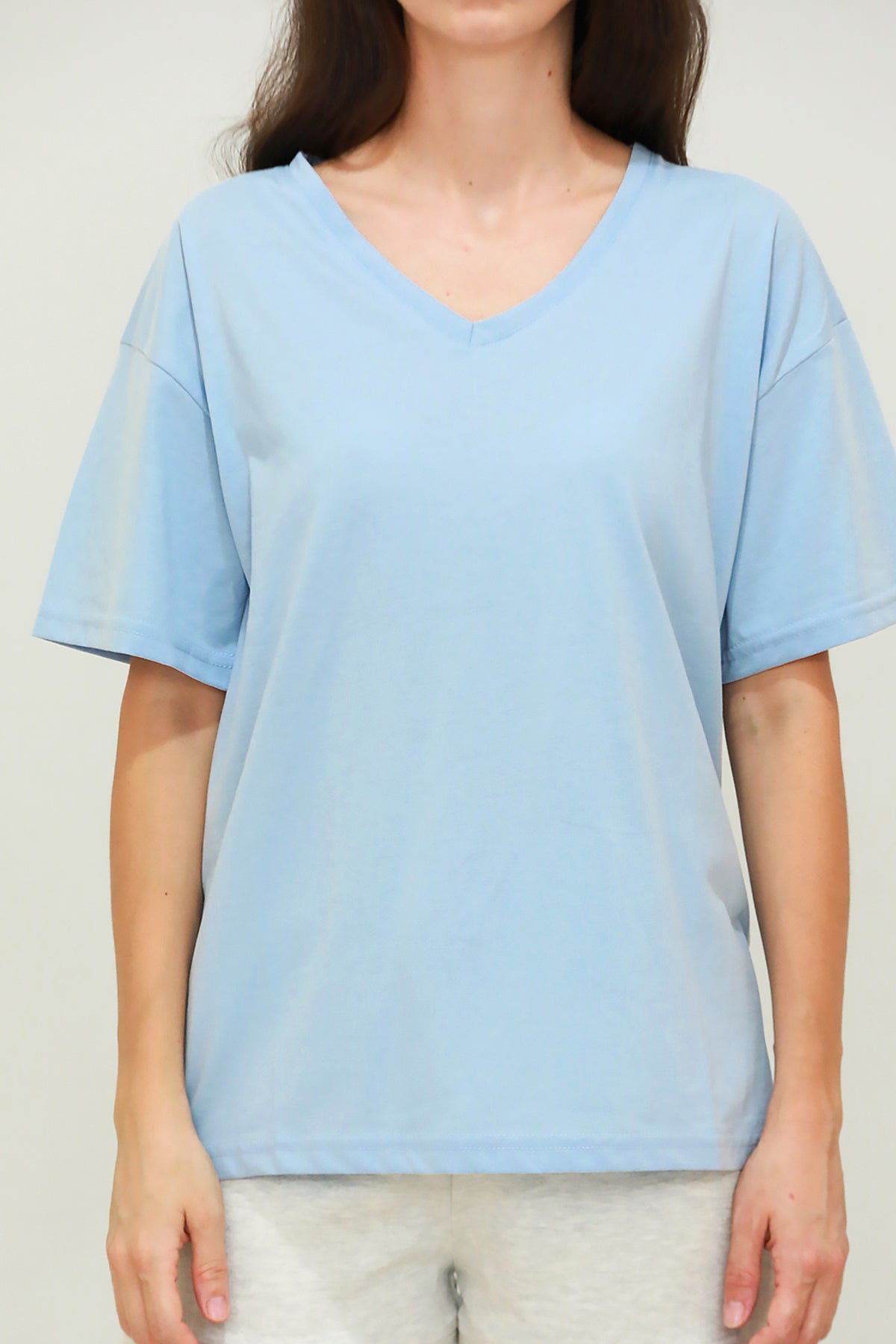 Kadın V Yaka Oversize T-Shirt Mavi