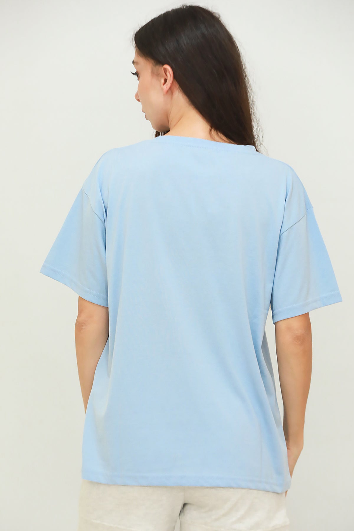 Kadın V Yaka Oversize T-Shirt Mavi