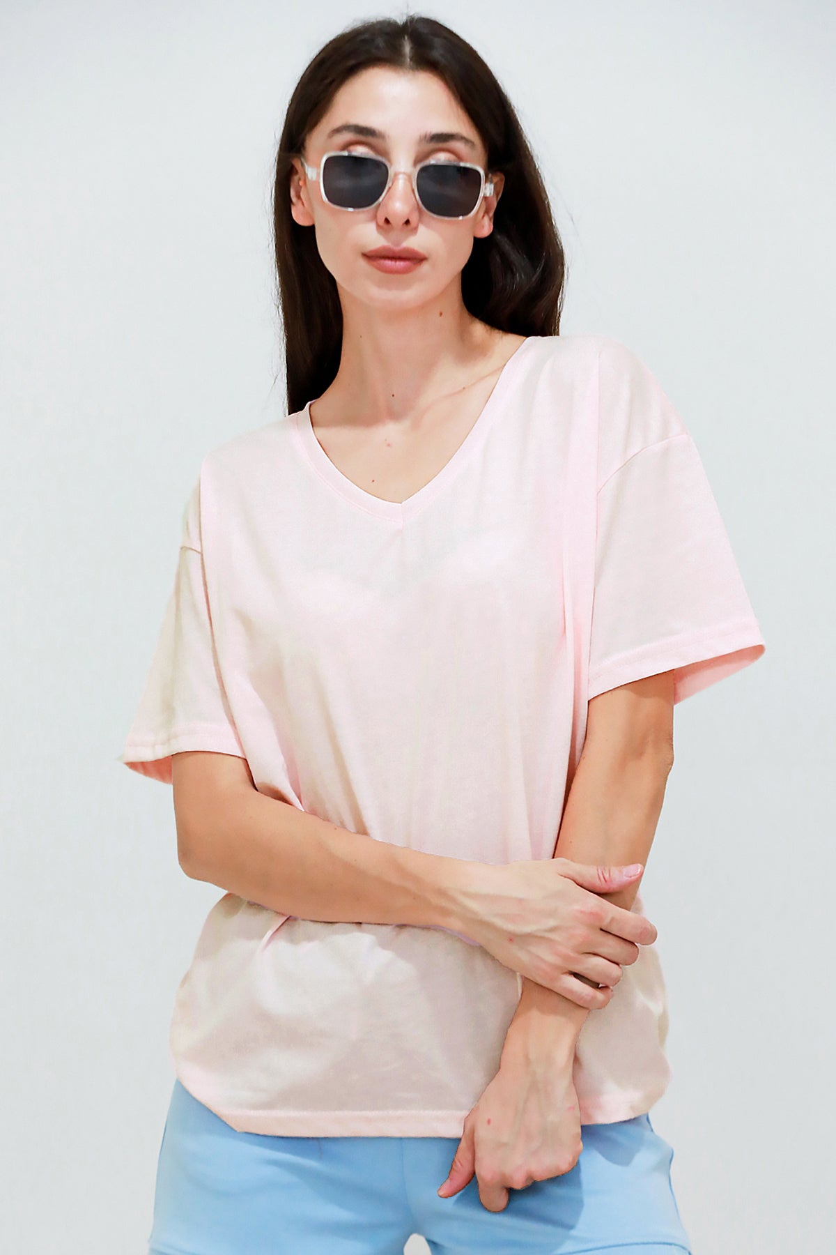 Kadın V Yaka Oversize T-Shirt Pudra