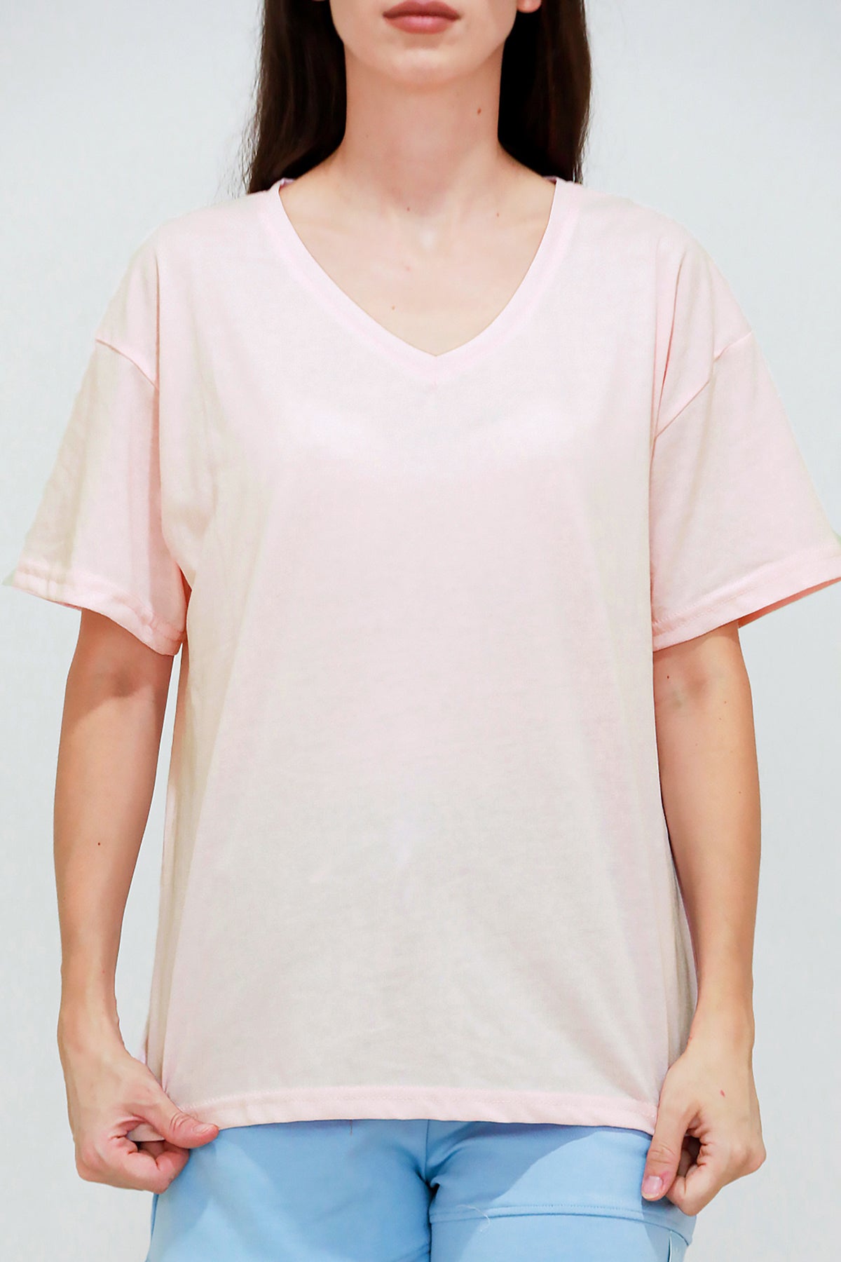 Kadın V Yaka Oversize T-Shirt Pudra