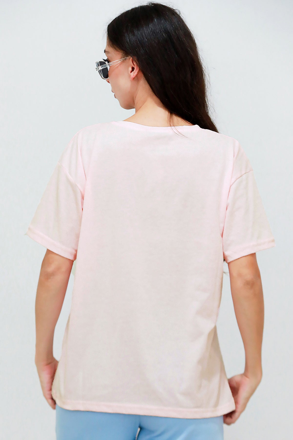Kadın V Yaka Oversize T-Shirt Pudra