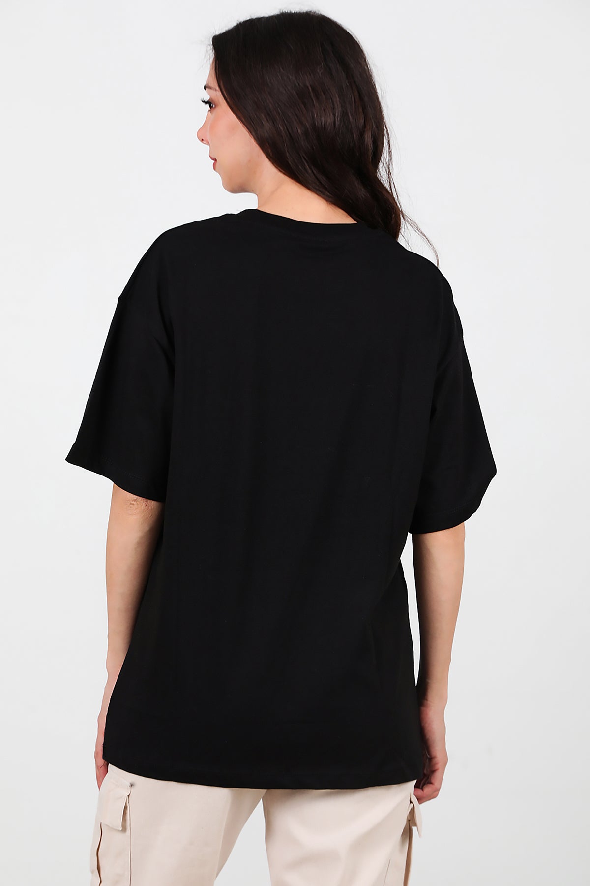 Kadın V Yaka Oversize T-Shirt Siyah