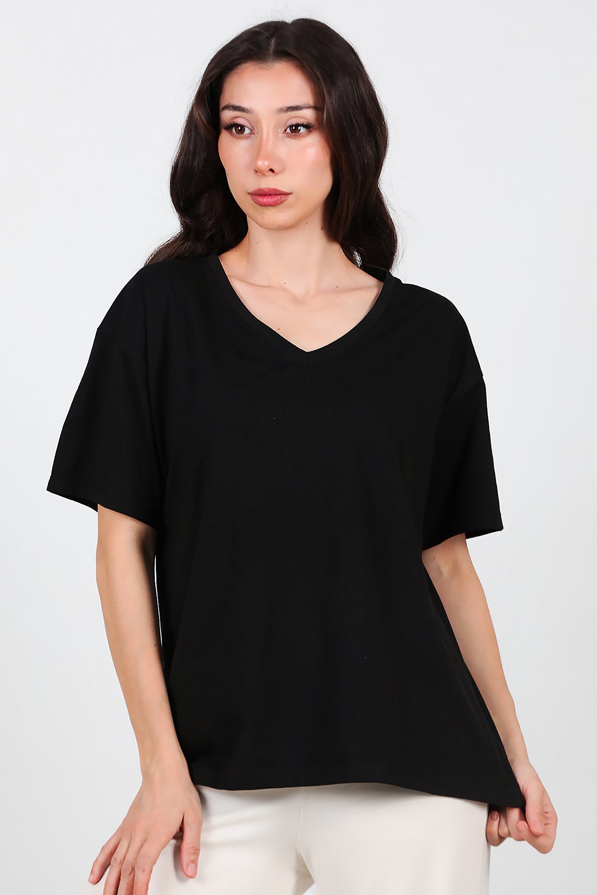 Kadın V Yaka Oversize T-Shirt Siyah
