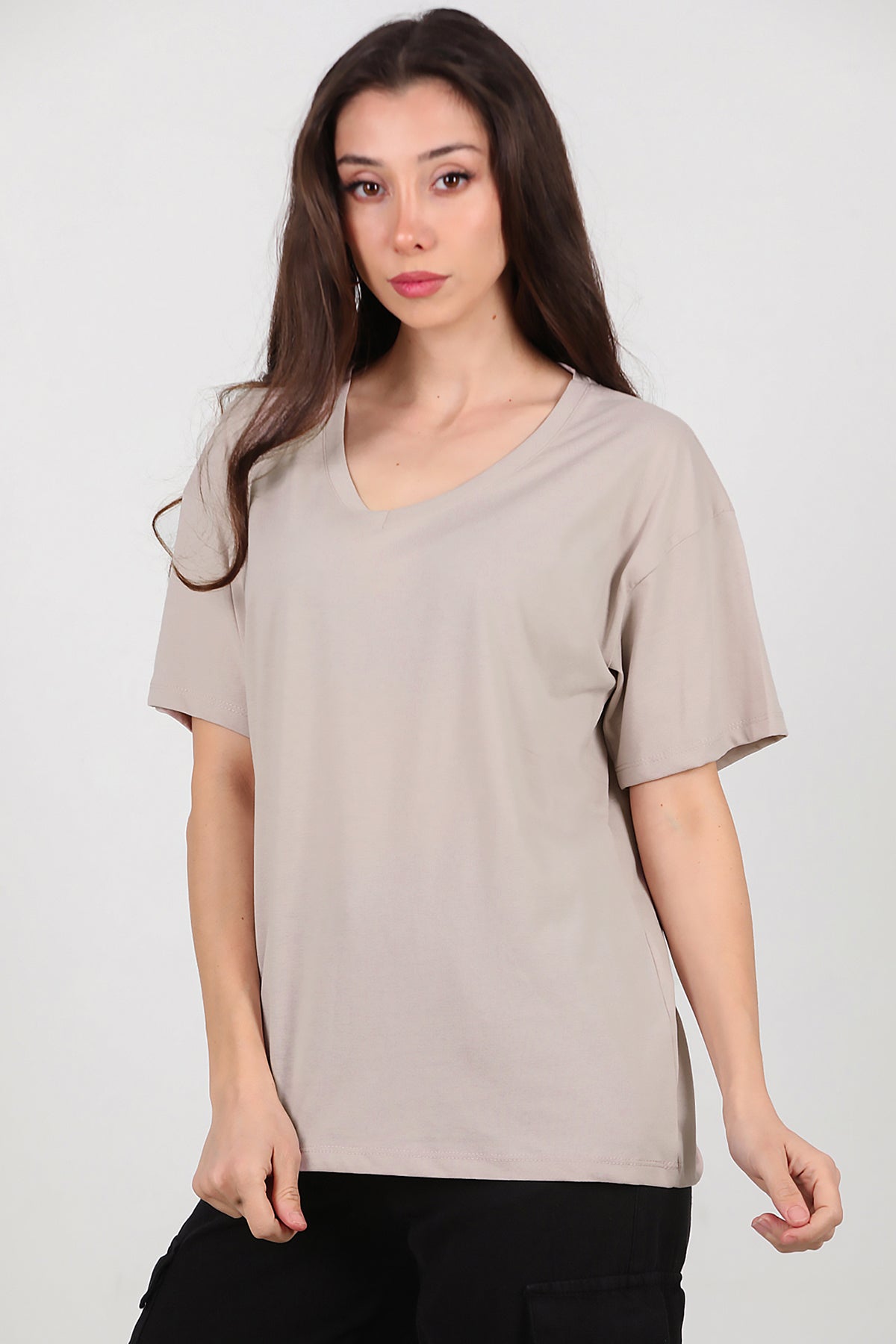 Kadın V Yaka Oversize T-Shirt Vizon