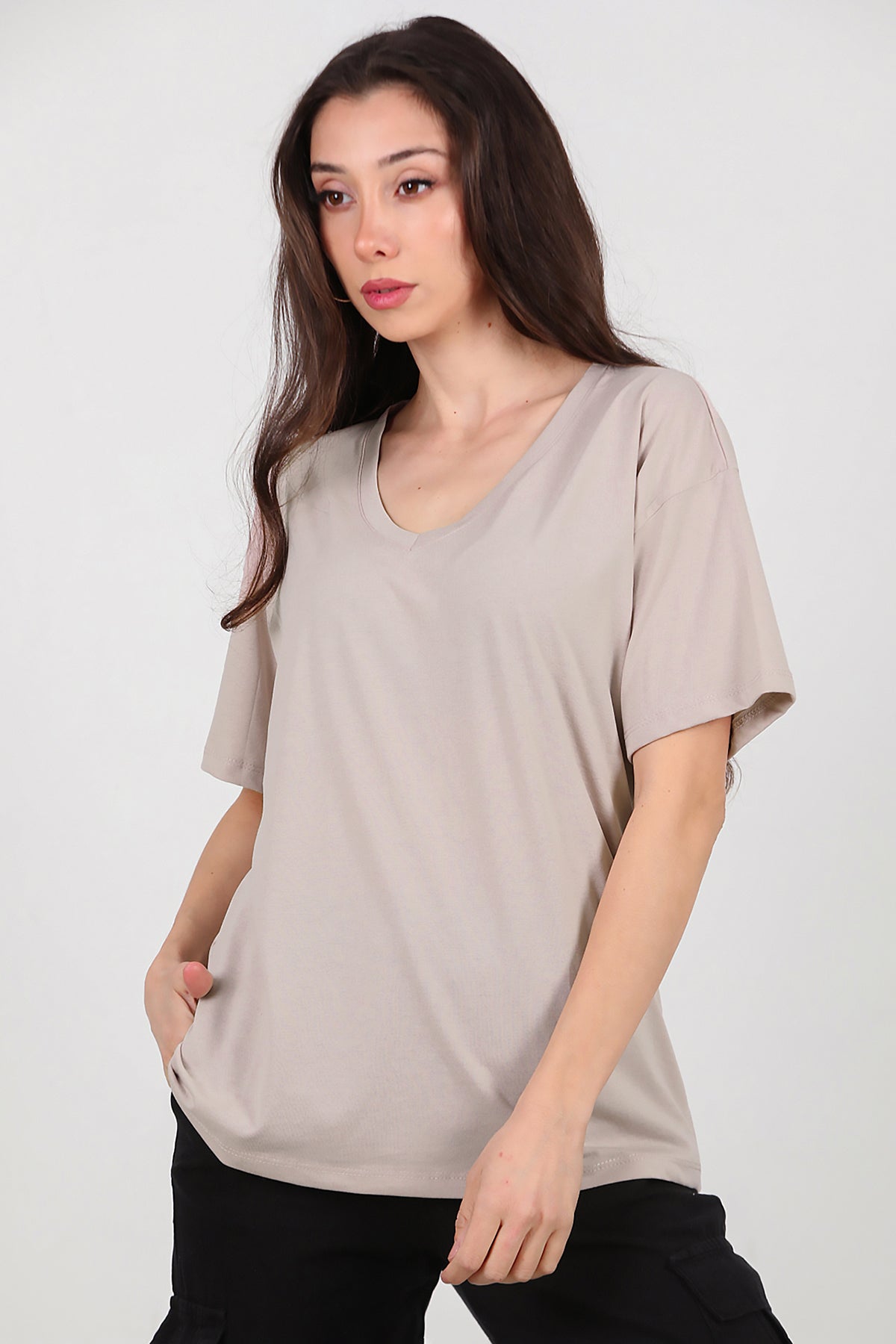 Kadın V Yaka Oversize T-Shirt Vizon