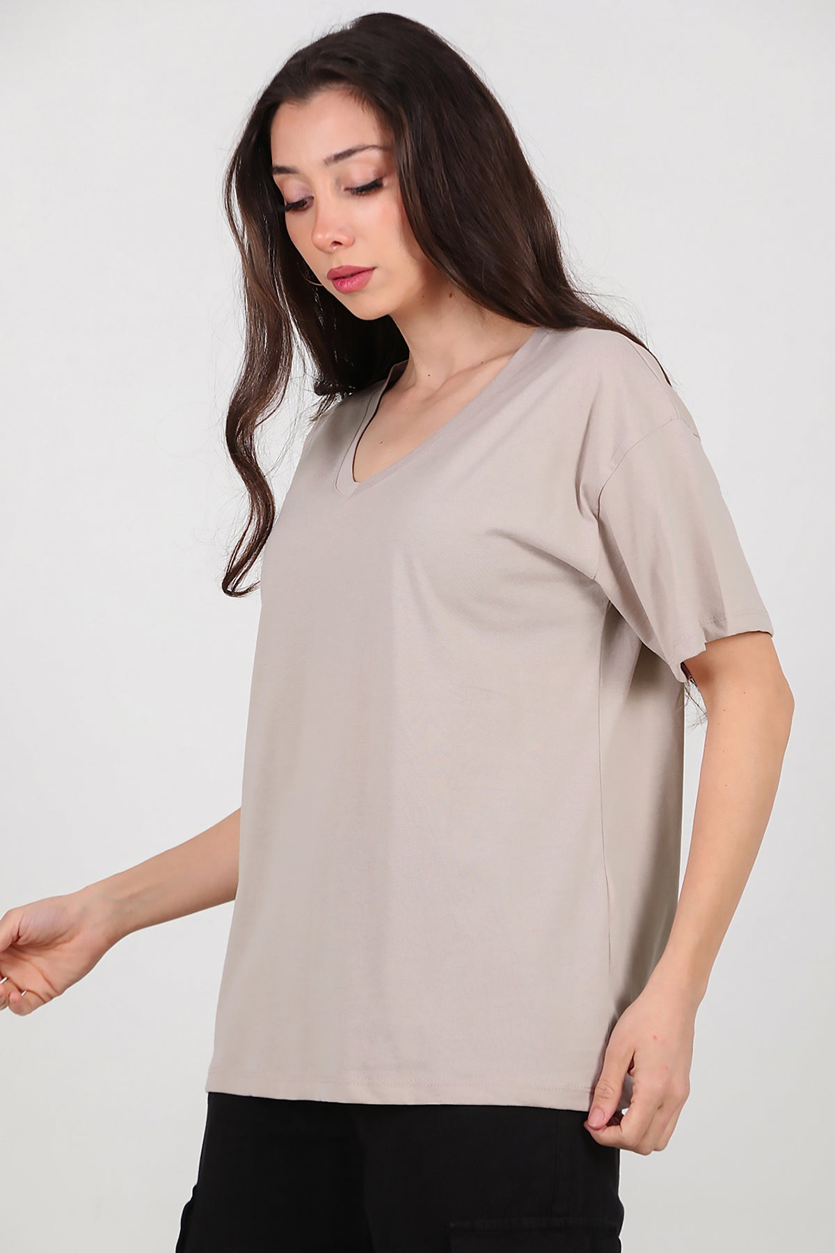 Kadın V Yaka Oversize T-Shirt Vizon